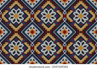 Cross stitch seamless pattern,floral seamless pattern on black background,geometric pattern,vector illustration,Aztec style,abstract background.design for texture,fabric,clothing,decoration,print.