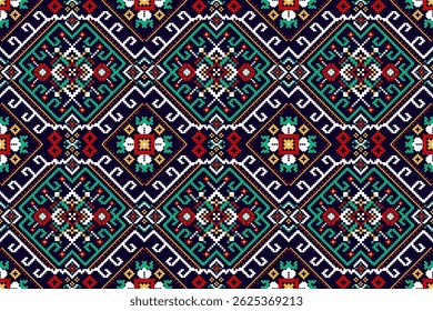 Cross stitch seamless pattern,floral cross stitch pattern on black background,vector illustration,geometric ethnic seamless pattern,Aztec,abstract background.design for texture,fabric,clothing,print