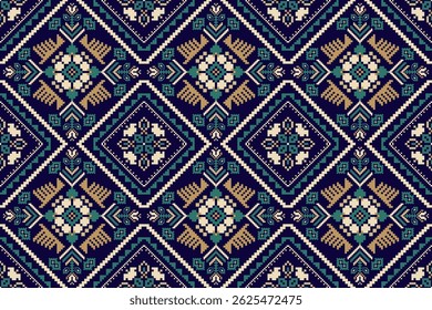 Cross stitch seamless pattern,floral cross stitch pattern on blue background,vector illustration,geometric ethnic seamless pattern,Aztec,abstract background.design for texture,fabric,clothing,print.