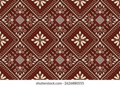 Cross stitch seamless pattern,floral cross stitch pattern on red background,vector illustration,geometric ethnic seamless pattern,Aztec,abstract background.design for texture,fabric,clothing,print.