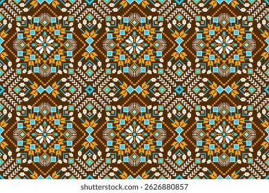 Cross stitch seamless pattern,floral cross stitch pattern on brown background,vector illustration,geometric ethnic seamless pattern,Aztec,abstract background.design for texture,fabric,clothing,print