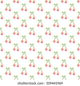 Cross stitch seamless vector pattern. Red and green embroidery folk design. Cherry fruit thin subtle background.