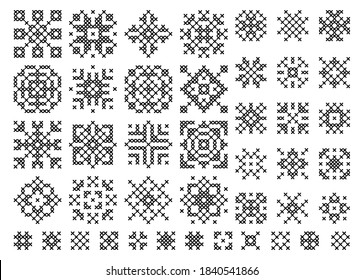 Cross Stitch Snowflake. Embroidery Set Of Christmas Elements. Holiday Cross-stitch Vector . Ethnic Scandinavian Or Slavic Pattern.