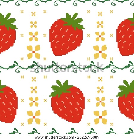Cross Stitch strawberry wallpaper and background. Vector illustration design digital file download for print, printable, card, textile, texture, backdrop, napery and many projects.