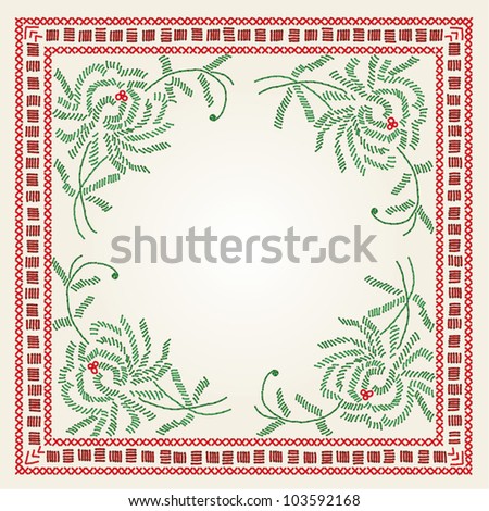 Cross stitch tablecloth. Vector imitation of the vintage cross-stitch floral ornate.