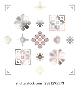 Cross Stitch Ukrainian Elements. Vector Illustration of Handmade Craftsmanship. Handicraft stitching. Embroidery.