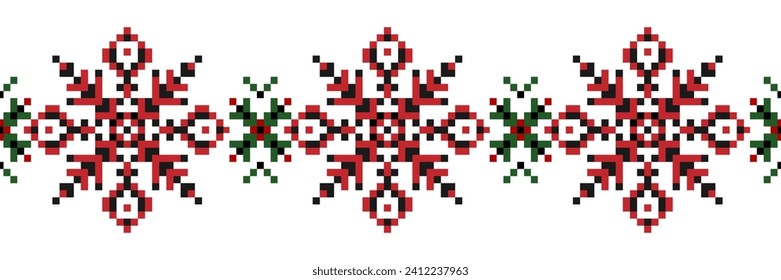 Cross stitch. Ukrainian ethnic. Geometric horizontal seamless pattern. red, green, black flowers and leaves. Clipart, print design in the style of the scheme of the Ukrainian ornament