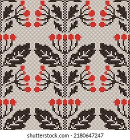 Cross stitch Ukrainian viburnum berry folk seamless vector pattern. Embroidery ethnic flower background