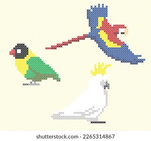 Cross Stitch Vector Element Bird Parrot Macaw Lovebird Cockatoo Embroidery
