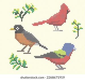 Cross Stitch Vector Element Bird Robin Cardinal Bunting Embroidery