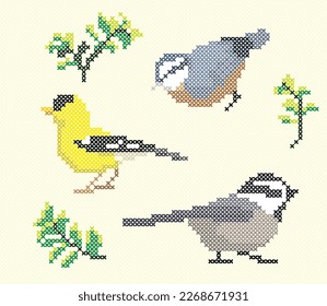 Cross Stitch Vector Element Bird Goldfinch Nuthatch Chickadee Embroidery