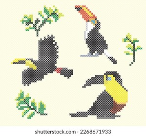 Cross Stitch Vector Element Bird Toucan Embroidery