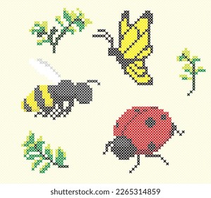 Cross Stitch Vector Element Insect Butterfly Bee Beetle Embroidery
