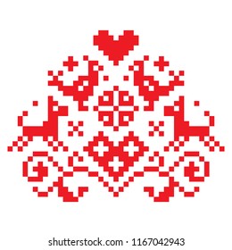 Cross stitch vector folk art single pattern with flowers and animals - retro background inspired German old style retro embroidery.
Red symmetric floral decoration with birds, dogs