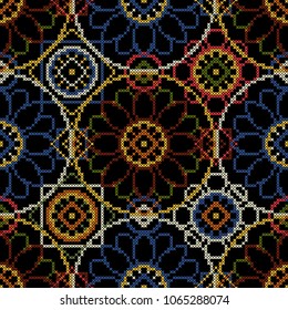 Cross stitch vector illustration. Bright seamless dark pattern background for scrapbooking.