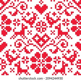 Cross stitch vector seamless folk art pattern with flowers, birds and dogs - red pixelated background inspired German old style retro embroidery. Traditional repetitive floral decoration with animals,