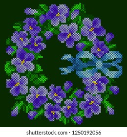 cross stitch viola wreath