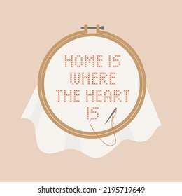 Cross Stitch Work With Embroidery Hoop. Home Is Where The Heart Is.