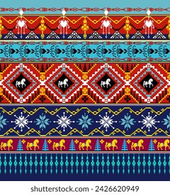 Cross stitch work ethnic pattern Pixel Horizontal Seamless Vector geometric pattern of the ethnic Thai people Cross-stitch border, clothes, sarongs.