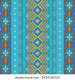 Cross stitch work ethnic pattern Pixel Horizontal Seamless Vector geometric pattern of the ethnic Thai people Cross-stitch border, clothes, sarongs.