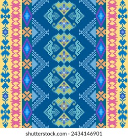 Cross stitch work ethnic pattern Pixel Horizontal Seamless Vector geometric pattern of the ethnic Thai people Cross-stitch border, clothes, sarongs.