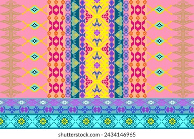 Cross stitch work ethnic pattern Pixel Horizontal Seamless Vector geometric pattern of the ethnic Thai people Cross-stitch border, clothes, sarongs.