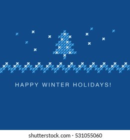 cross stitch xmas tree vector ornament. traditional embroidery white and blue pattern. winter motif for Christmas card greetings. peasant rustic style linen stitching scheme 