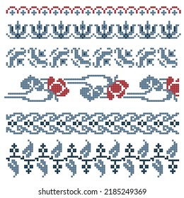 cross stitched border set with floral elements, blue and red color