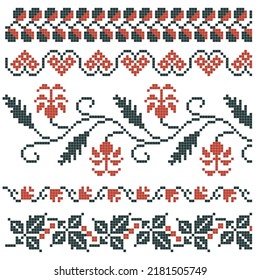 cross stitched borders set with floral elements, red and green colors