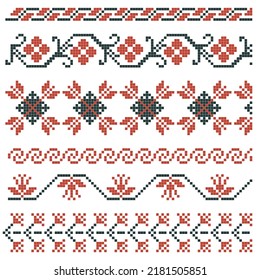 cross stitched borders set with floral elements, red and green colors