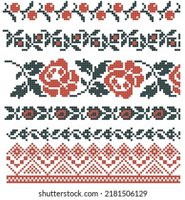 cross stitched borders set with floral elements, red and green colors