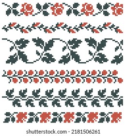 cross stitched borders set with floral elements, red and green colors