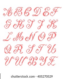 Cross Stitched Fonts. Latin Alphabet For Embroidery. Set Cyrillic Letters. Stitch Font. Vector EPS