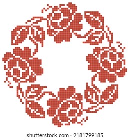 cross stitched pattern with floral elements, red roses wreath