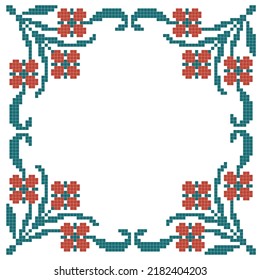 cross stitched pattern with floral elements, flower wreath
