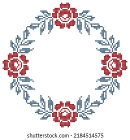 cross stitched pattern with floral elements, red roses wreath