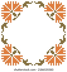 cross stitched pattern with floral elements, green and orange colored frame
