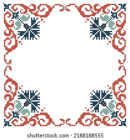 cross stitched pattern with floral elements, green and orange colored frame