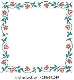 patrón de costura cruzada con elementos de rosa floral, marco de color verde y rojo