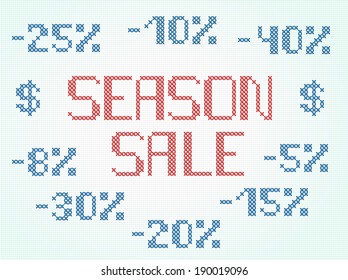 Cross stitched sale and discount note. Handmade seasonal promotion text.