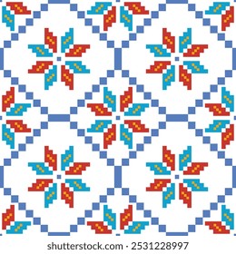 Cross Stitch,embroidery seamless.Geometric pixel ethnic patterns. American, Mexican,African, mediterranean, nordic,Aztec style. Trendy folk art background design for products, fabric, print,decorate.