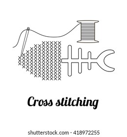 Cross stitching logo, badge or label. Embroidered fish, needle and thread spool. Vector illustration eps10.