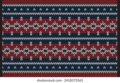 Cross stitch.Navy blue background.Zig-zag pattern.Line.Geometric shape.Seamless pattern.Endless.Modern.Red pattern.White line.White square pattern.Design for clothing.Scarf.Skirt.Printing.All knitting