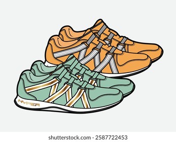 Cross strap trainer shoes technical flat drawing vector mockup illustration.