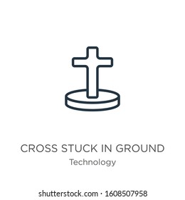 Cross stuck in ground icon. Thin linear cross stuck in ground outline icon isolated on white background from technology collection. Line vector sign, symbol for web and mobile
