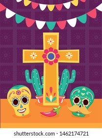 cross sugar skulls cactus decoration celebration viva mexico vector illustration
