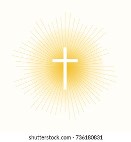 Cross in sun lights concept. Stock vector illustration of religion symbol.