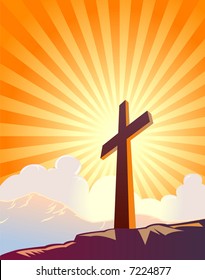 Cross and sunburst with mountains and clouds ? VECTOR