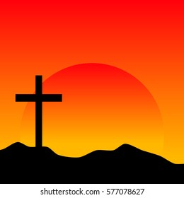 The Cross at sunset background. Vector illustration.