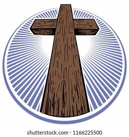 Cross with sunshine on background, religious vector logo.